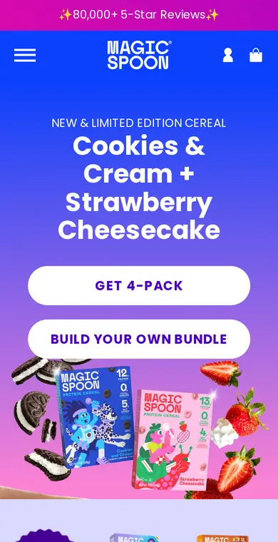 Magic Spoon homepage on mobile, opening on “Cookies & Cream + Strawberry Cheesecake”, captured Oct 9, 2026