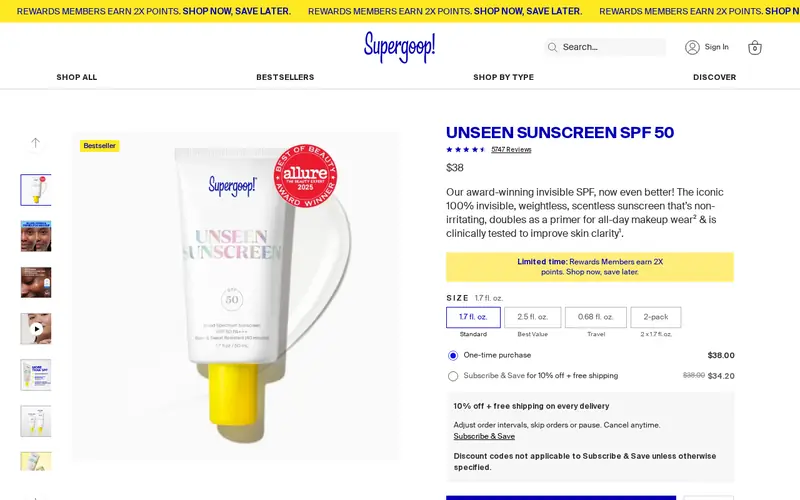 Supergoop! product page, captured Oct 9, 2026