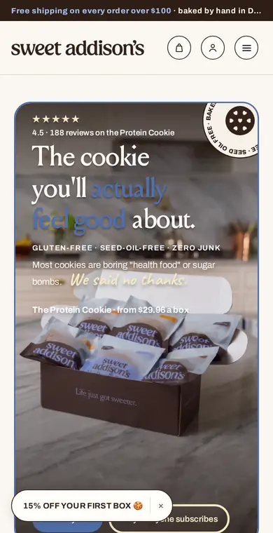 Sweet Addison's homepage on mobile, opening on “The cookie you’ll actually feel good about”, captured Oct 9, 2026