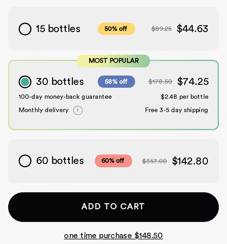 Magic Mind product page buy box on a phone with three pack options and a full-width Add to Cart button