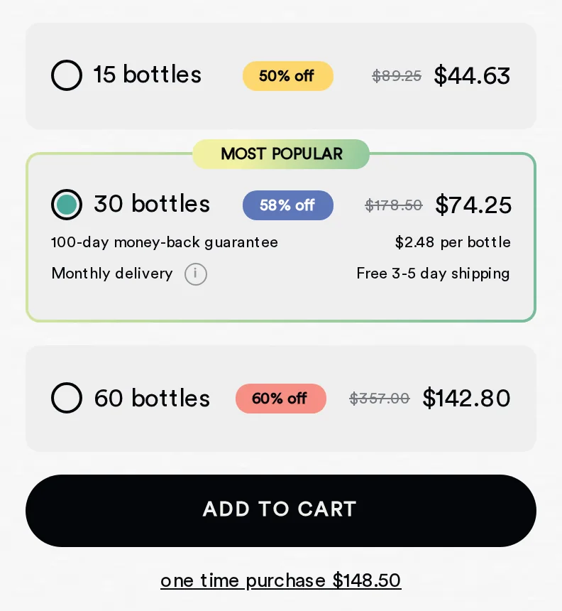 Magic Mind product page buy box with 15, 30 and 60 bottle options, the 30-pack marked most popular at $74.25 and $2.48 per bottle, an Add to Cart button and a small one time purchase link