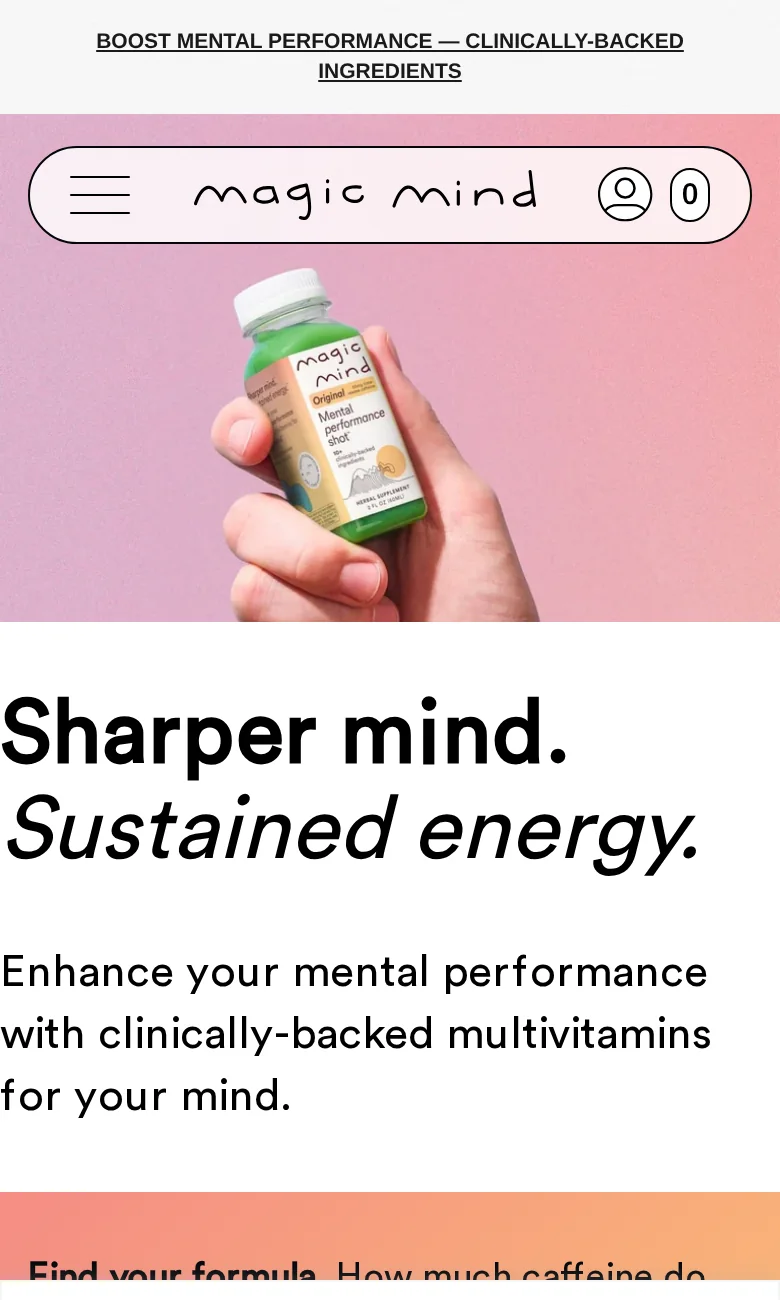 Magic Mind homepage on a phone showing the announcement bar, navigation, product image and headline