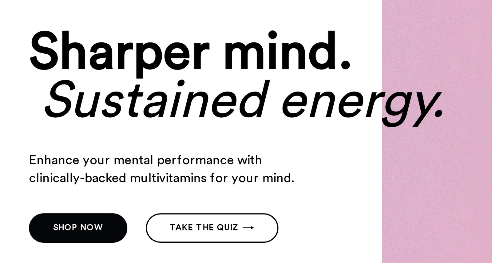 Magic Mind homepage hero with the headline Sharper mind. Sustained energy., a subhead, and Shop Now and Take the Quiz buttons
