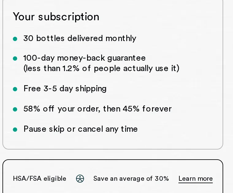 Magic Mind subscription summary listing 30 bottles monthly, 100-day guarantee with less than 1.2% of people using it, free shipping, 58% off then 45% forever, and pause or cancel any time