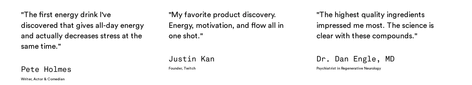 Magic Mind homepage testimonials from Pete Holmes, Justin Kan and Dr. Dan Engle, MD
