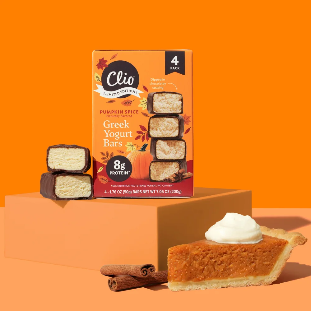 Clio Pumpkin Spice Greek yogurt bars. Product photo: cliosnacks.com