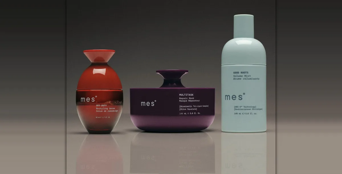 The mes° Low Maintenance Edit: Off-Duty Restyling Serum, Multitask Repair Mask and Good Roots Volume Mist. Product photo: mesbeauty.com