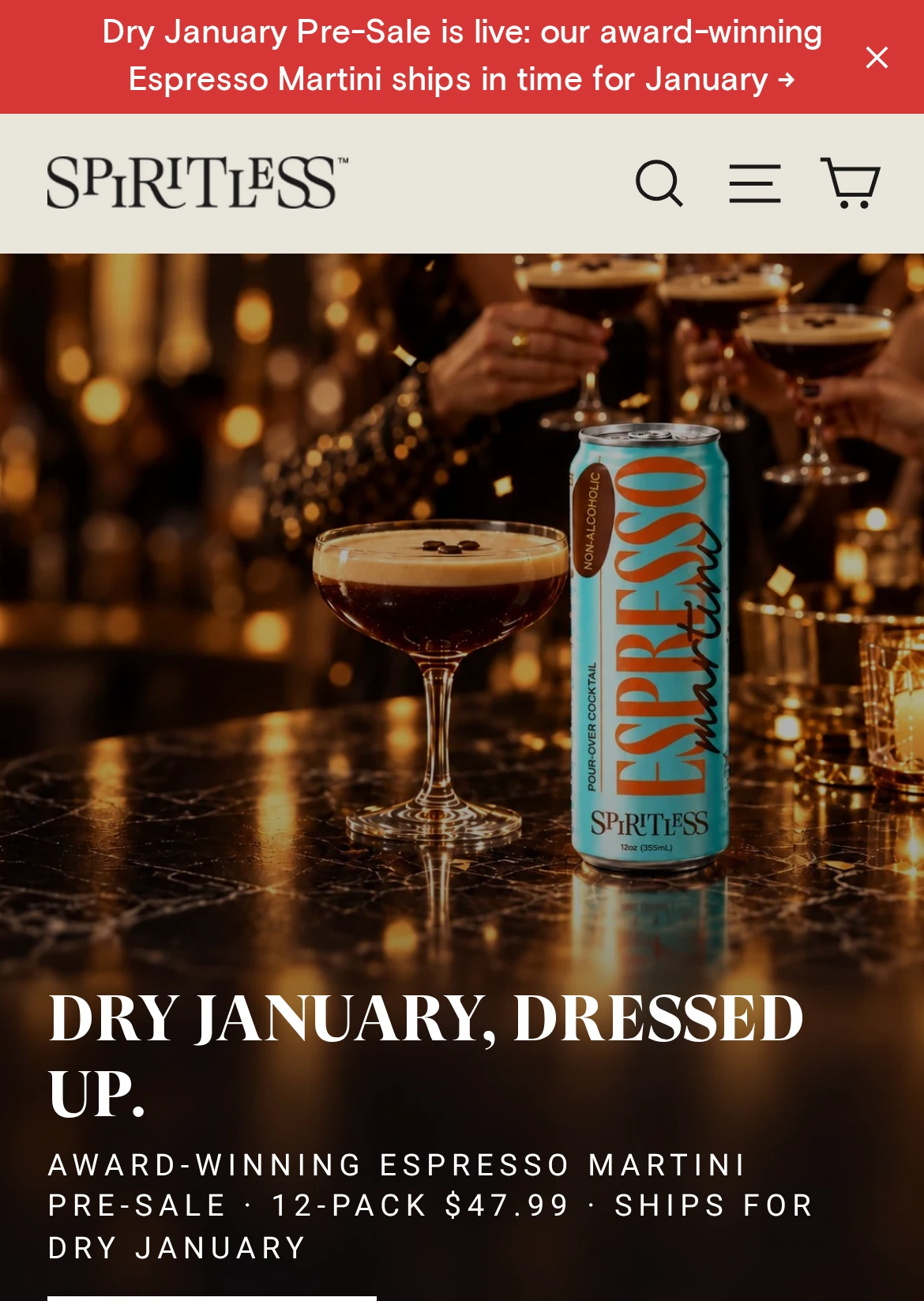 The top bar and hero, on a phone. spiritless.com, Oct 20, 2026