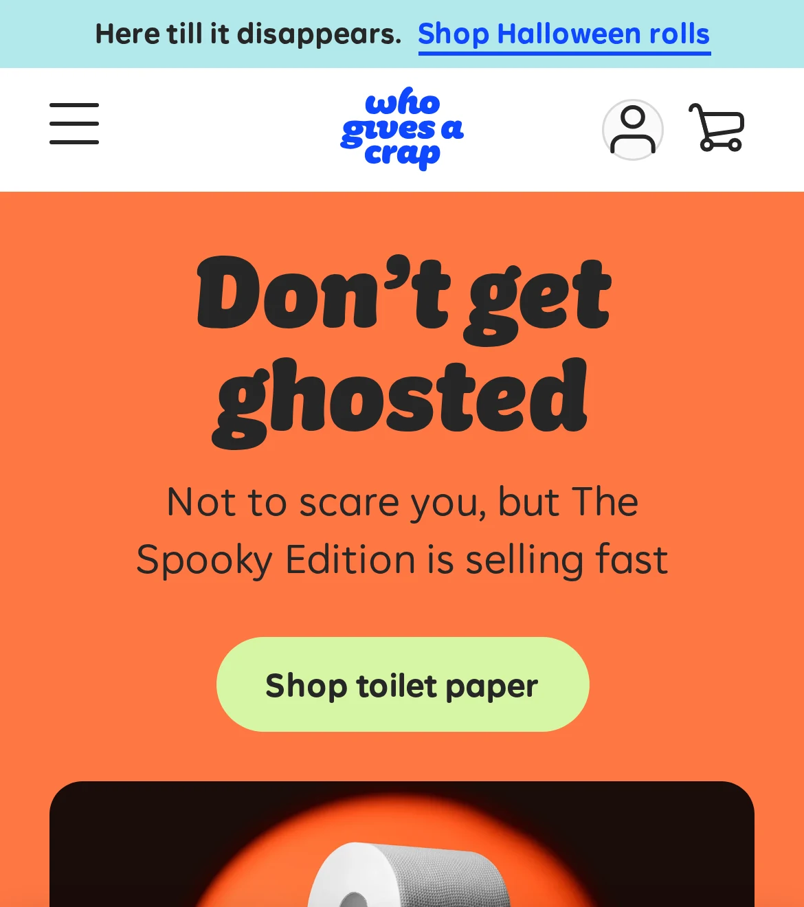 The top bar and homepage hero, on a phone. us.whogivesacrap.org, Oct 27, 2026