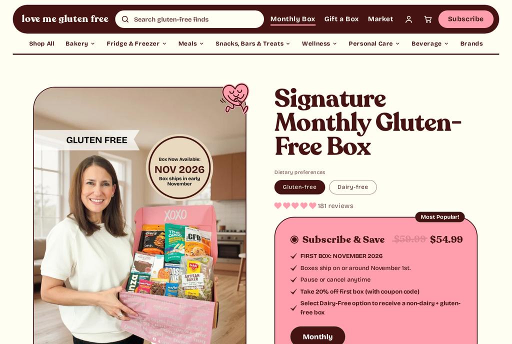 lovemeglutenfree.com product page, top of page as captured Oct 9, 2026